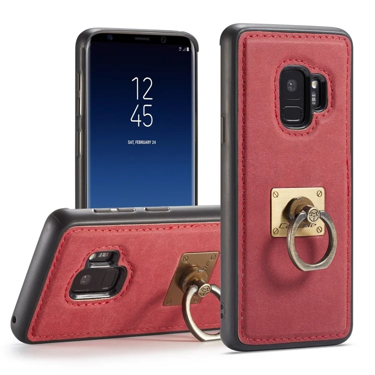 CASEME H3 Samsung Galaxy S9 G960 PU Leather Coated PC TPU Hybrid Case with Detachable Ring Kickstand - Red