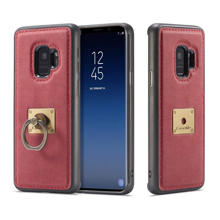 CASEME H3 Samsung Galaxy S9 G960 PU Leather Coated PC TPU Hybrid Case with Detachable Ring Kickstand - Red