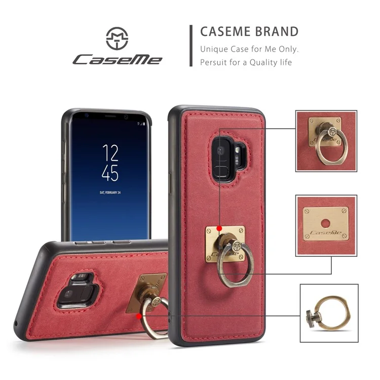 CASEME H3 Samsung Galaxy S9 G960 PU Leather Coated PC TPU Hybrid Case with Detachable Ring Kickstand - Red
