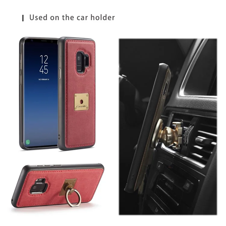 CASEME H3 Samsung Galaxy S9 G960 PU Leather Coated PC TPU Hybrid Case with Detachable Ring Kickstand - Red