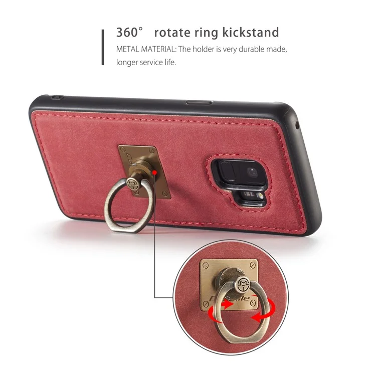CASEME H3 Samsung Galaxy S9 G960 PU Leather Coated PC TPU Hybrid Case with Detachable Ring Kickstand - Red