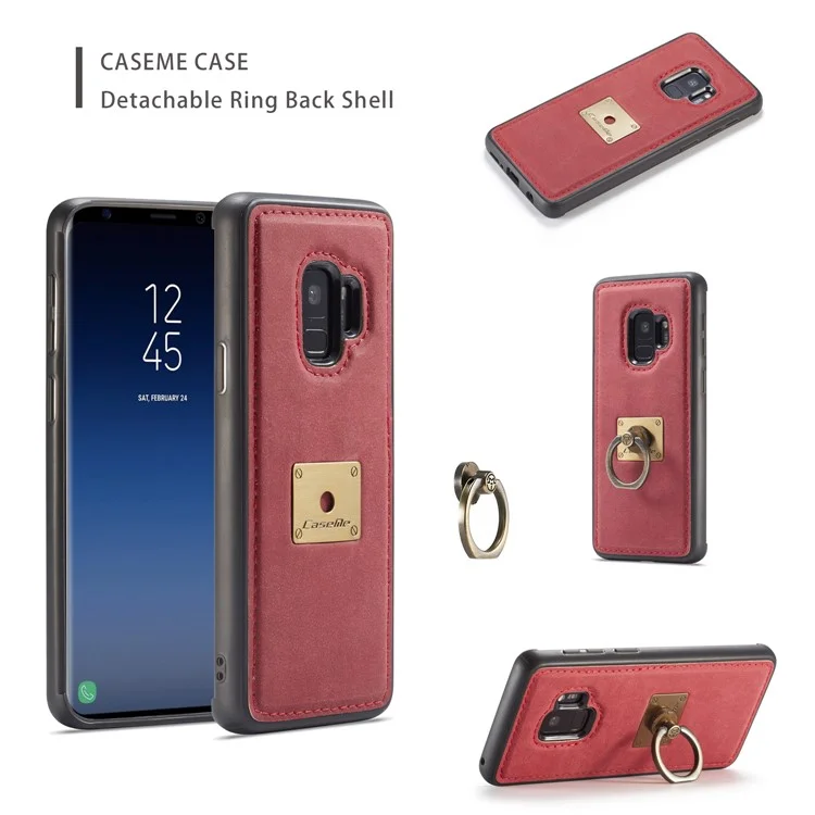 CASEME H3 Samsung Galaxy S9 G960 PU Leather Coated PC TPU Hybrid Case with Detachable Ring Kickstand - Red