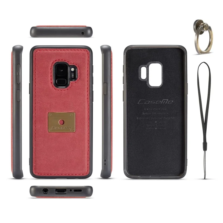 CASEME H3 Samsung Galaxy S9 G960 PU Leather Coated PC TPU Hybrid Case with Detachable Ring Kickstand - Red
