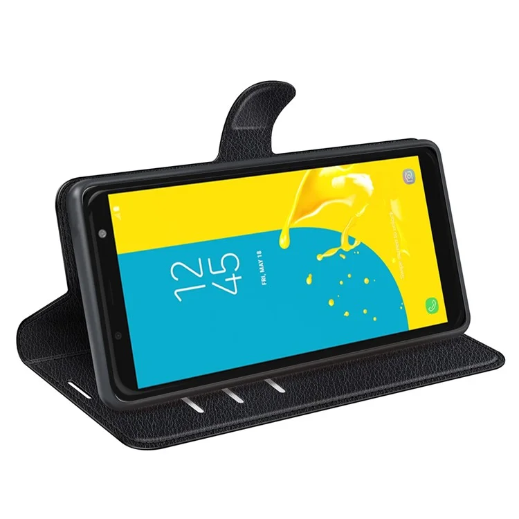 Litchi Skin Leather Stand Cover com Slots para Cartões para Samsung Galaxy J6 (2018) Fecho Magnético - Preto