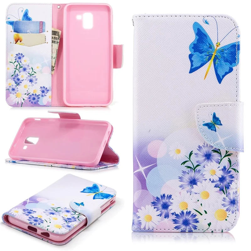 Pattern Printing Cell Phone Leather Stand Case for Samsung Galaxy J6 (2018) - Blue Butterfly and Flowers