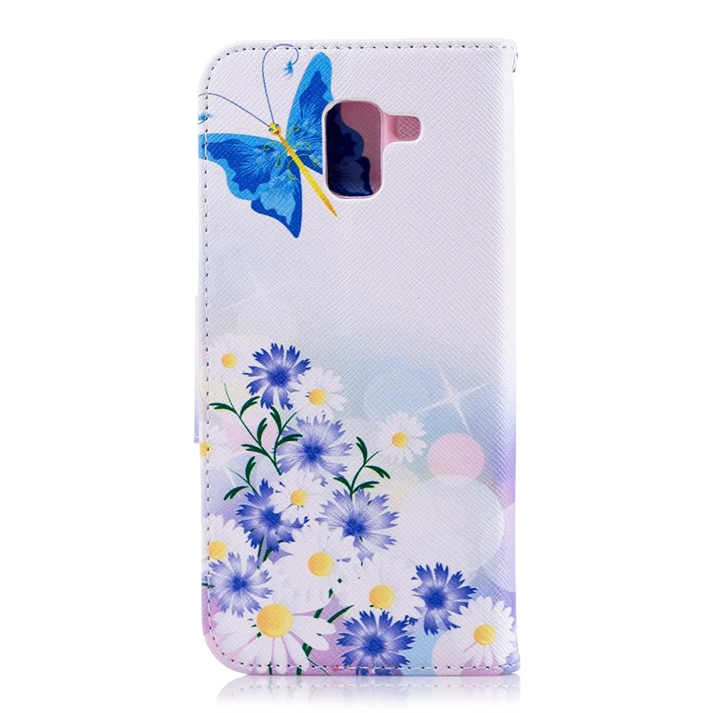 Pattern Printing Cell Phone Leather Stand Case for Samsung Galaxy J6 (2018) - Blue Butterfly and Flowers