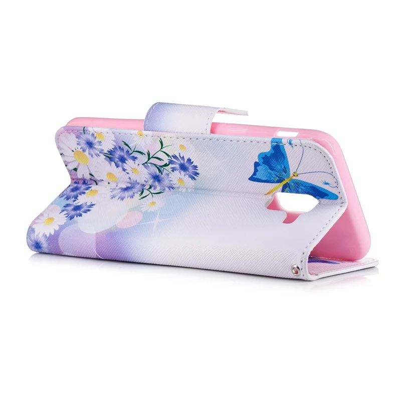 Pattern Printing Cell Phone Leather Stand Case for Samsung Galaxy J6 (2018) - Blue Butterfly and Flowers