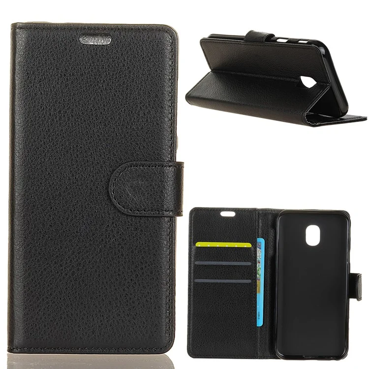 Litchi Skin Wallet Leather Stand Case for Samsung Galaxy J3 (2018) / J3 Star - Black