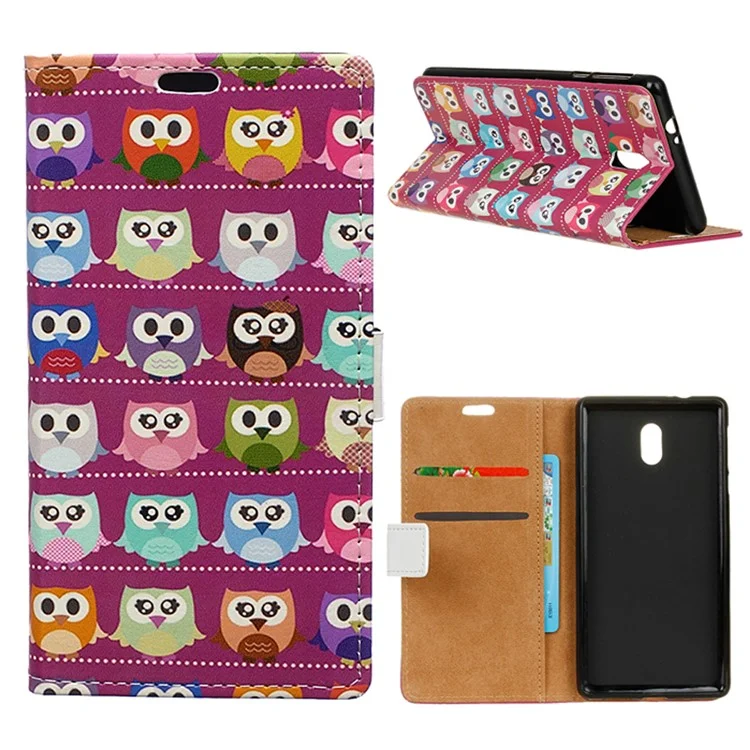 Pattern Printing Multiple Owls Leather Wallet Case for Samsung Galaxy J3 (2018) / J3 Star - Purple Background