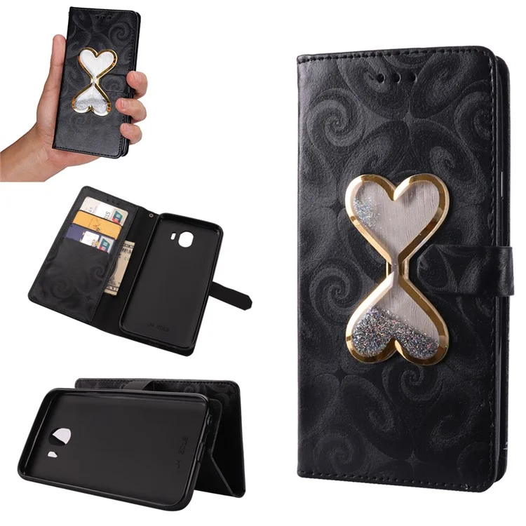 Spiral Texture Hearts Quick Sand Leather Wallet Case for Samsung Galaxy J4 (2018) - Black