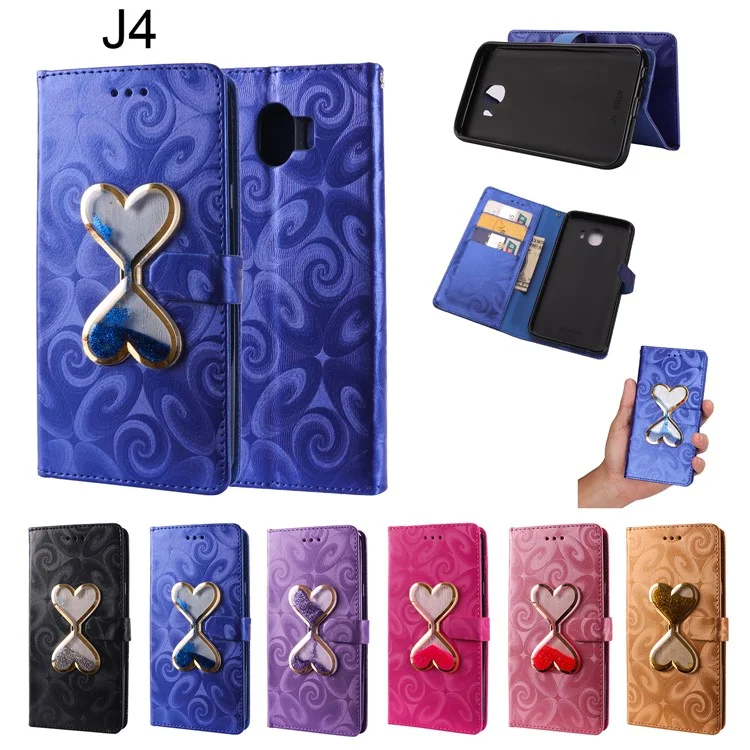 Spiral Texture Hearts Quick Sand Leather Wallet Case for Samsung Galaxy J4 (2018) - Black