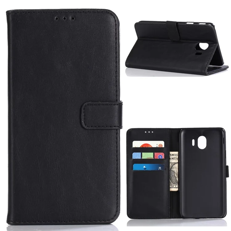 For Samsung Galaxy J4 (2018) Retro Style Crazy Horse PU Leather Wallet Phone Case - Black