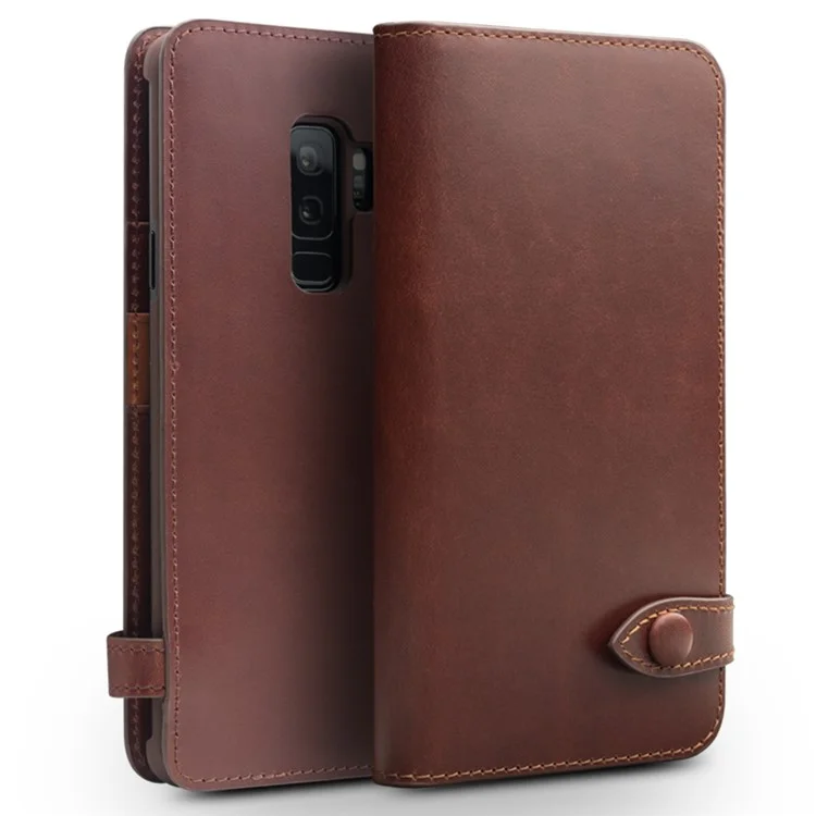 QIALINO Business Style Cowhide Leather Wallet Phone Case for Samsung Galaxy S9+ G965 - Brown