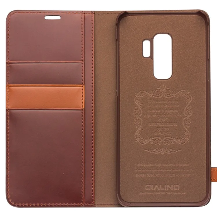 QIALINO Business Style Cowhide Leather Wallet Phone Case for Samsung Galaxy S9+ G965 - Brown