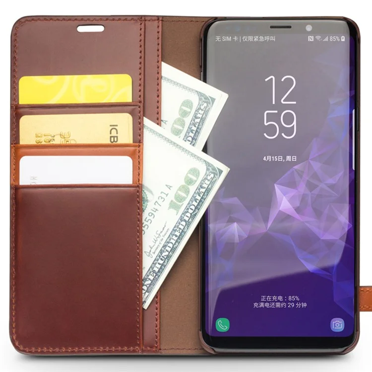 QIALINO Business Style Cowhide Leather Wallet Phone Case for Samsung Galaxy S9+ G965 - Brown