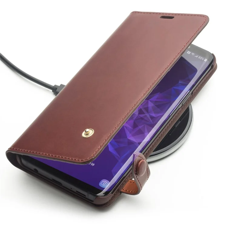 QIALINO Business Style Cowhide Leather Wallet Phone Case for Samsung Galaxy S9+ G965 - Brown