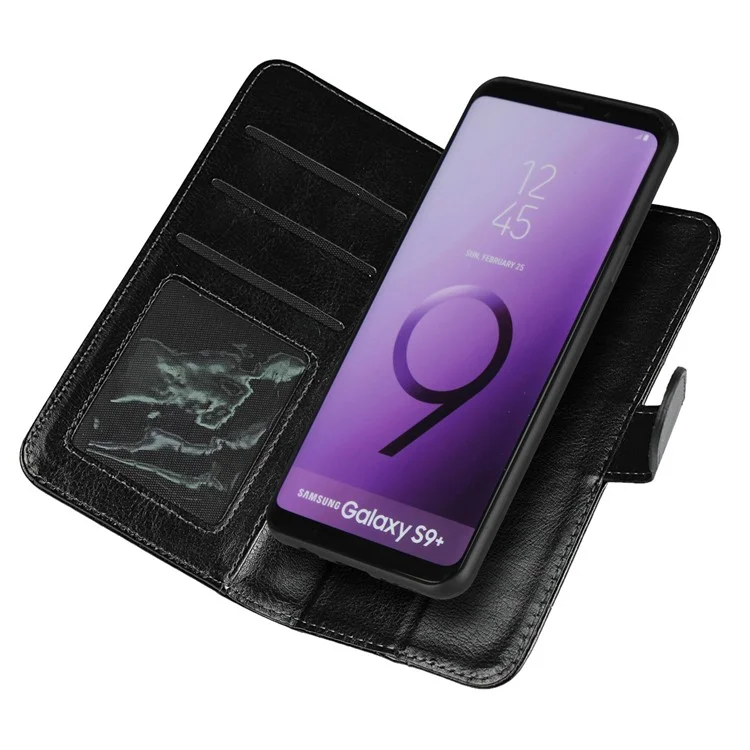 Detachable 2-in-1 Crazy Horse Leather Wallet Shell + TPU Back Case for Samsung Galaxy S9+ SM-G965 - Black