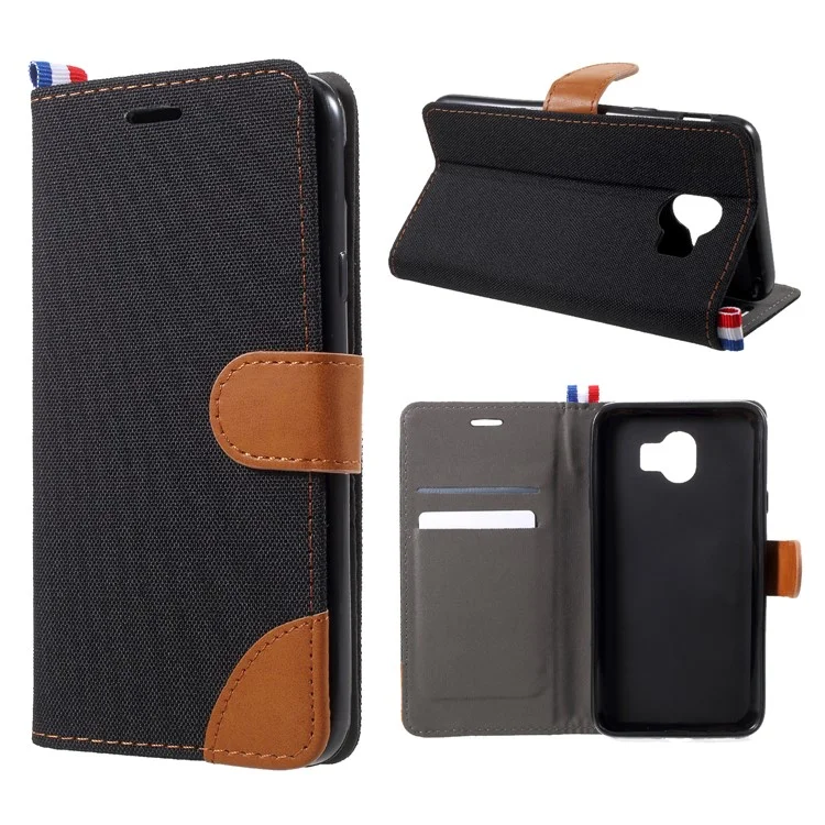 Jeans Cloth Card Holder Stand Leather Mobile Case for Samsung Galaxy J4 (2018) - Black