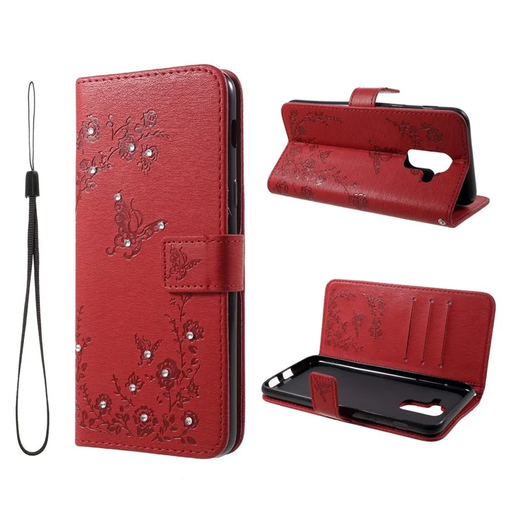 For Samsung Galaxy A6 (2018) Imprint Butterfly Flower Rhinestone Decor Wallet Leather Case  - Red