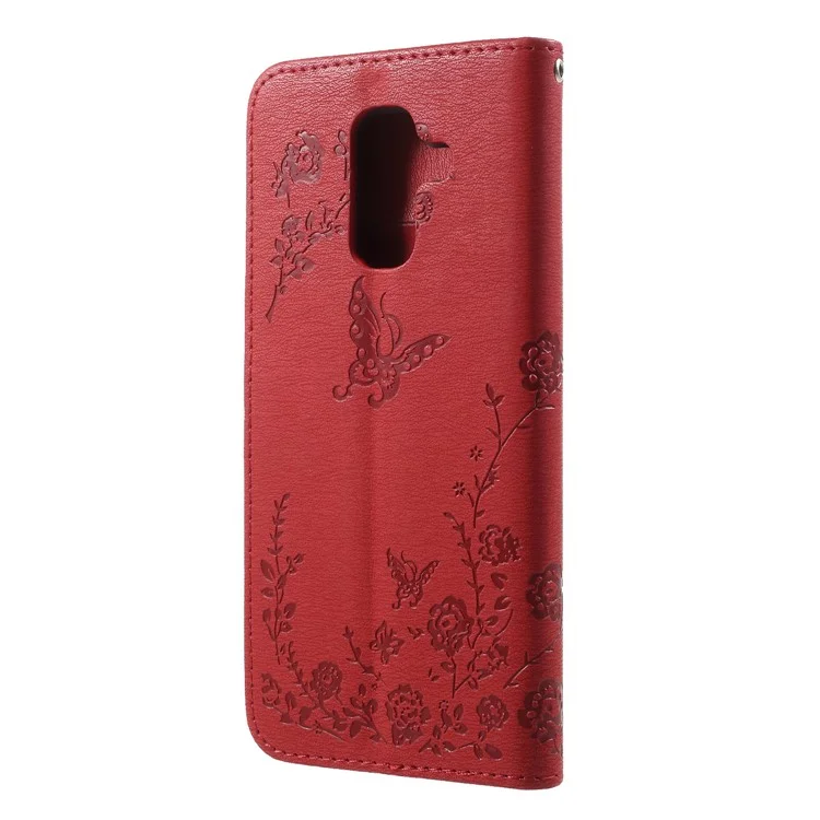 For Samsung Galaxy A6 (2018) Imprint Butterfly Flower Rhinestone Decor Wallet Leather Case  - Red