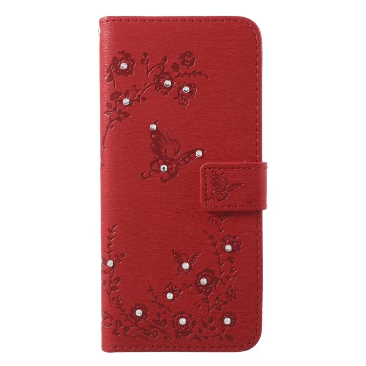 For Samsung Galaxy A6 (2018) Imprint Butterfly Flower Rhinestone Decor Wallet Leather Case  - Red