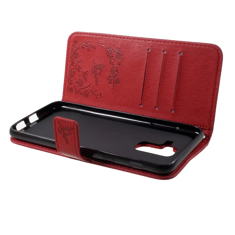 For Samsung Galaxy A6 (2018) Imprint Butterfly Flower Rhinestone Decor Wallet Leather Case  - Red