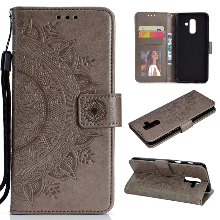 Empreinte Mandala Flower le Cuir Portefeuille Pour Samsung Galaxy A6 Plus (2018) / A9 Star Lite - Gris