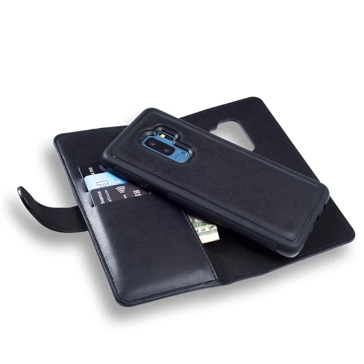 Magnetic Absorbed 2-in-1 Zippered Wallet Leather Case for Samsung Galaxy S9 Plus SM-G965 - Black