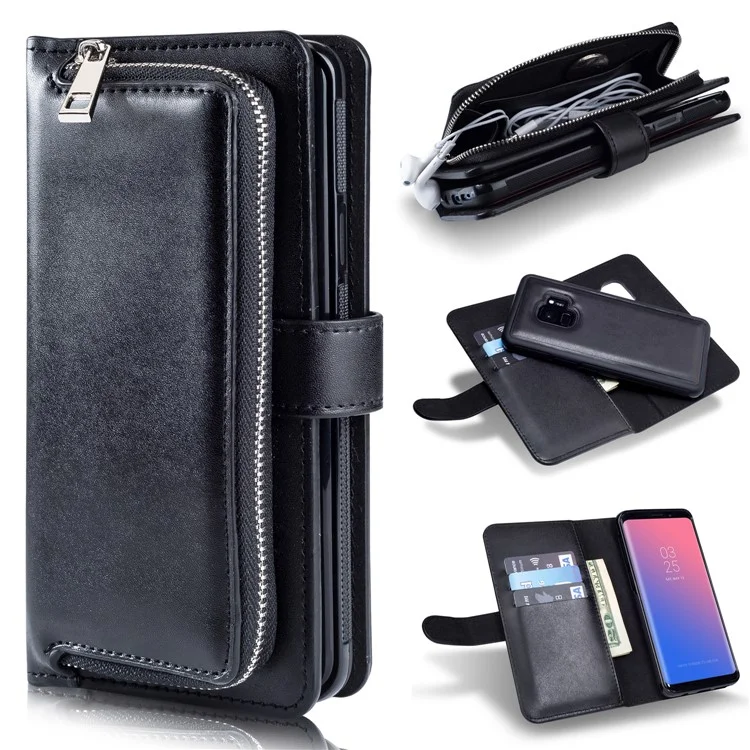 Detachable Magnetic 2-in-1 Zippered Wallet Leather Case for Samsung Galaxy S9 SM-G960 - Black