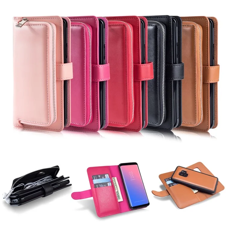 Detachable Magnetic 2-in-1 Zippered Wallet Leather Case for Samsung Galaxy S9 SM-G960 - Black