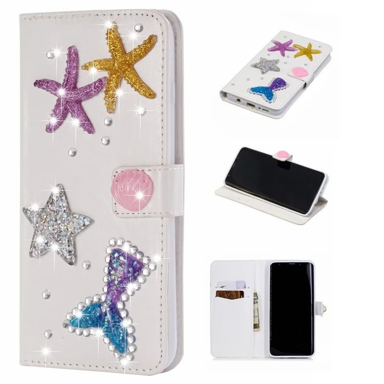 Sea Stars - For Samsung Galaxy S9+ G965 Rhinestone Decor PU Leather Wallet Stand Cover Shell