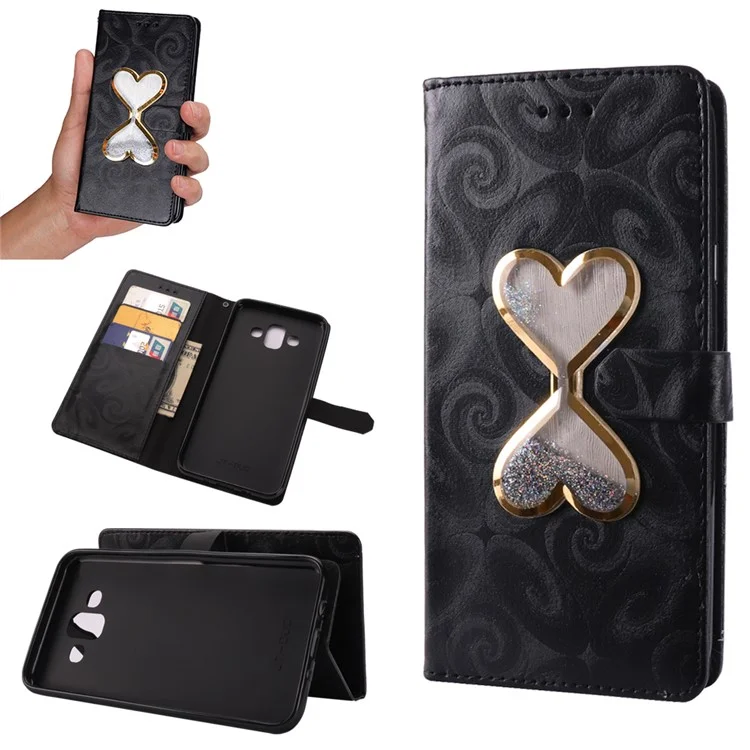 Black - Spiral Texture Hearts Quick Sand Leather Wallet Mobile Phone Case for Samsung Galaxy J7 Duo