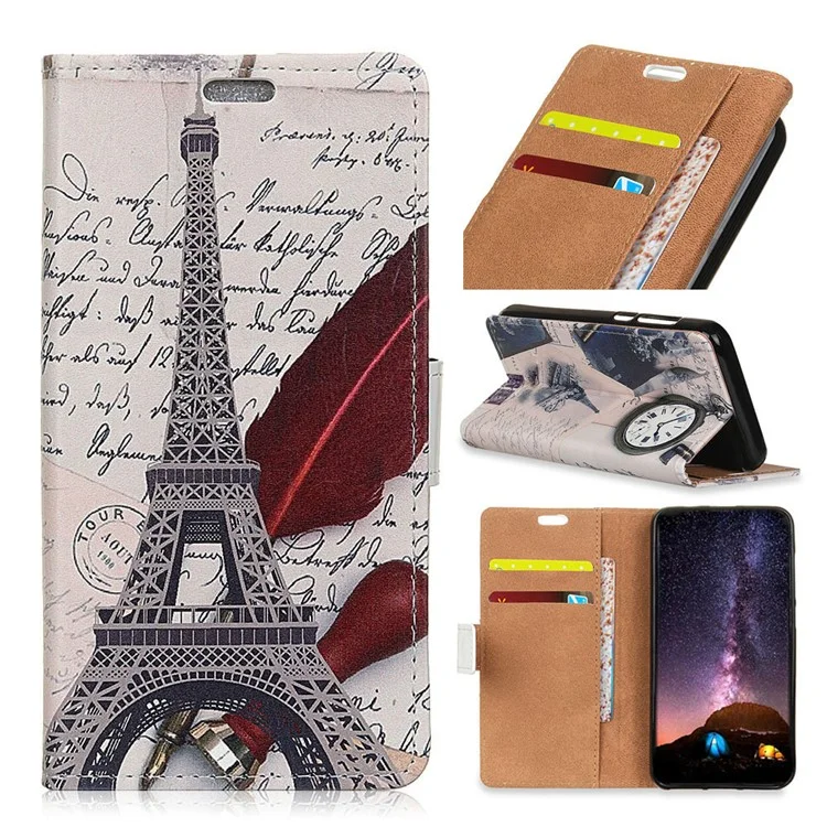 Pattern Printing PU Leather Wallet Stand Mobile Case for Samsung Galaxy J3 (2018) J337 / J3 Star - Eiffel Tower and Quill-pen