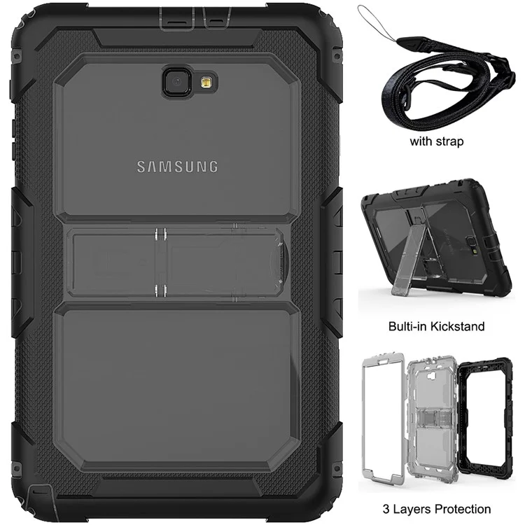 Heavy Duty Silicone PC Hybrid Kickstand Shell with Detachable Strap for 	Samsung Galaxy Tab A 10.1 (2016) T585/T580 - Grey