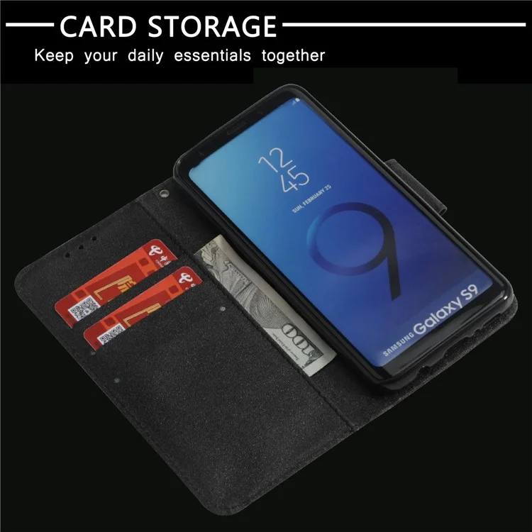 Bi-color Splicing PU Leather Wallet Cover Case for Samsung Galaxy S9 SM-G960 - Black / Grey