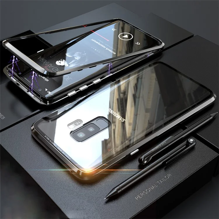 Detachable Magnetic Metal Frame + Tempered Glass Back Hybrid Case for Samsung Galaxy S9+ SM-G965 - Black