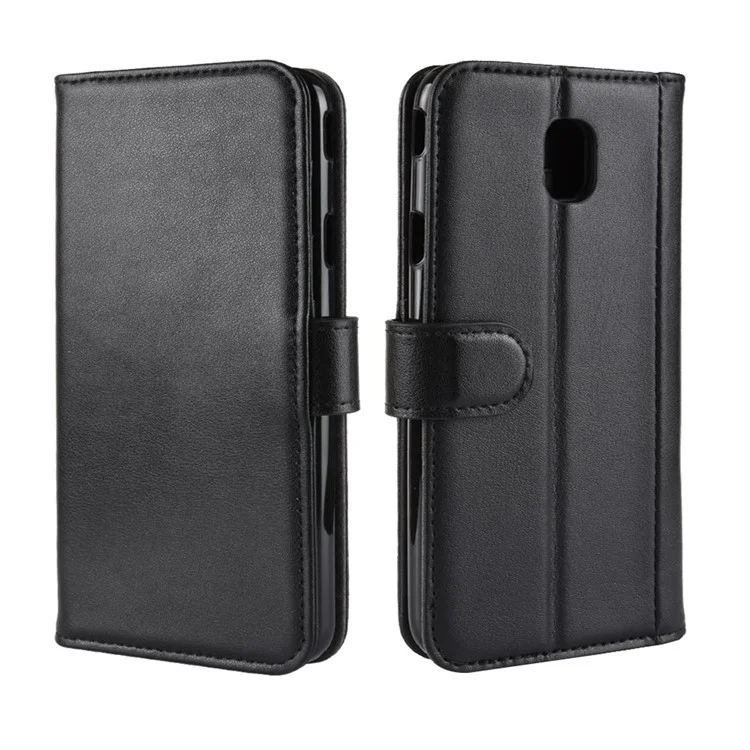Genuine Split Leather Stand Wallet Mobile Case for Samsung Galaxy J3 (2018) J337 / J3 Star - Black