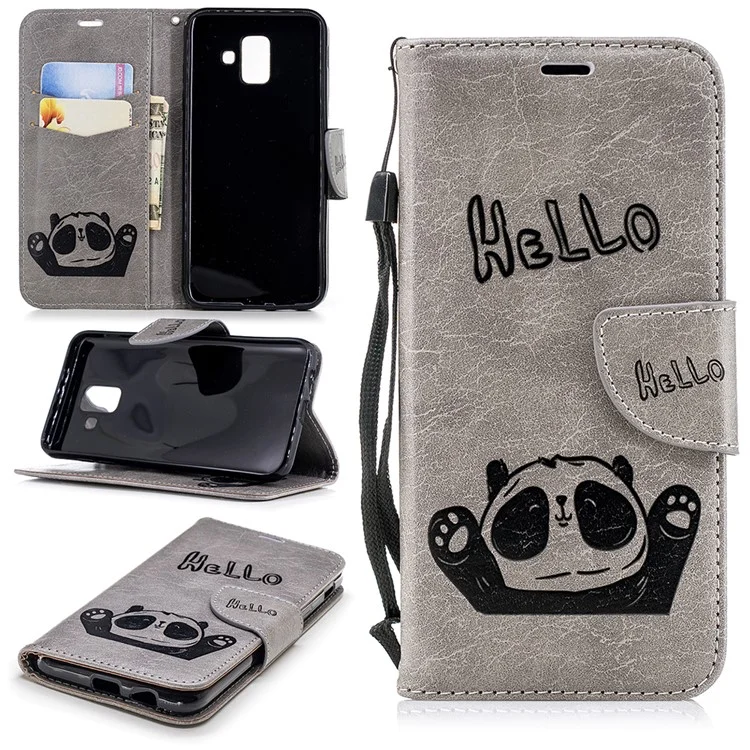 Imprinted Hello Panda Leather Wallet Stand Case for Samsung Galaxy A6 (2018) - Grey
