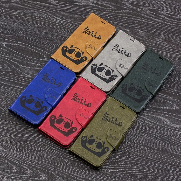 Imprinted Hello Panda Leather Wallet Stand Case for Samsung Galaxy A6 (2018) - Grey