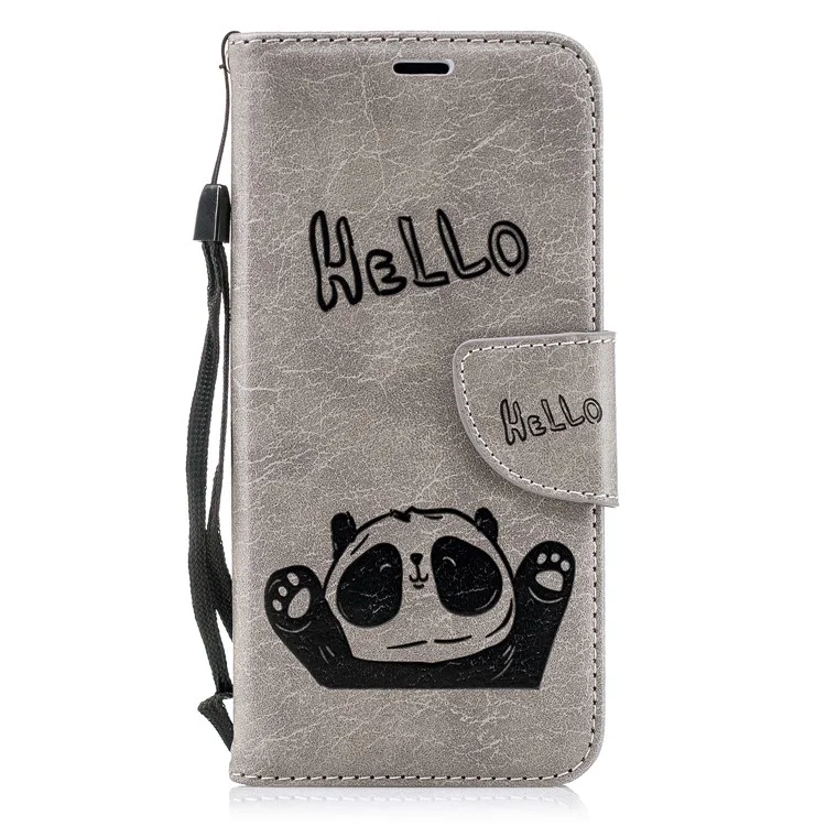 Imprinted Hello Panda Leather Wallet Stand Case for Samsung Galaxy A6 (2018) - Grey