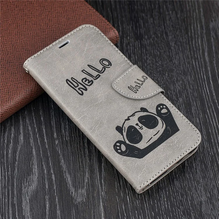 Imprinted Hello Panda Leather Wallet Stand Case for Samsung Galaxy A6 (2018) - Grey