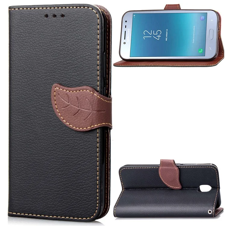 Leaf Shape Magnetic Flap Leather Wallet Case for Samsung Galaxy J7 (2018) J737 - Black