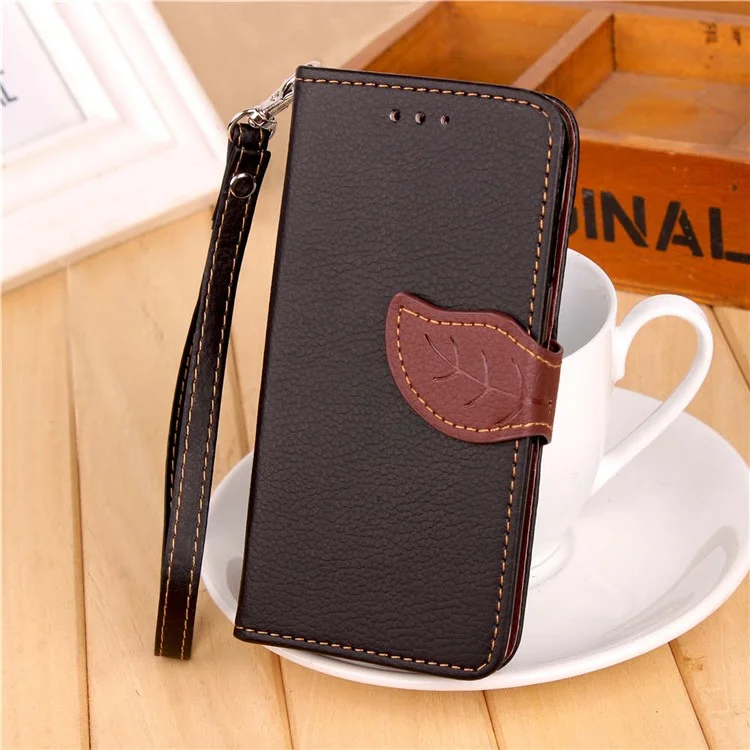 Leaf Shape Magnetic Flap Leather Wallet Case for Samsung Galaxy J7 (2018) J737 - Black