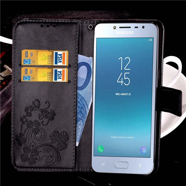 Imprint Clover Pattern Leather Wallet Stand Case for Samsung Galaxy J3 (2018) J337 / J3 Star - Black