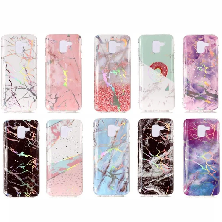 For Samsung Galaxy A6 (2018) Marble Pattern Plated IMD TPU Soft Mobile Case - Black / White