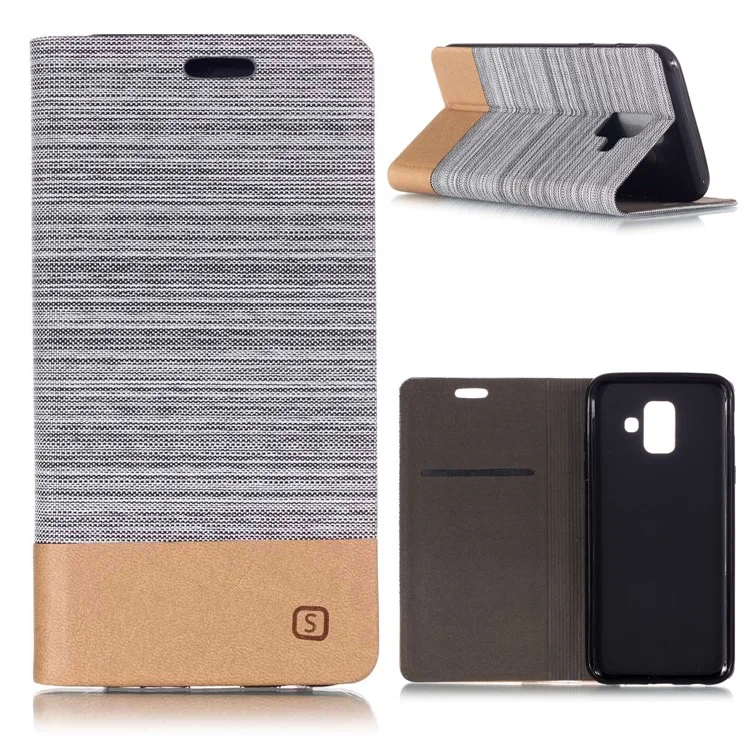 Bi-color Canvas Leather Card Holder Stand Case for Samsung Galaxy A6 (2018) - Light Grey