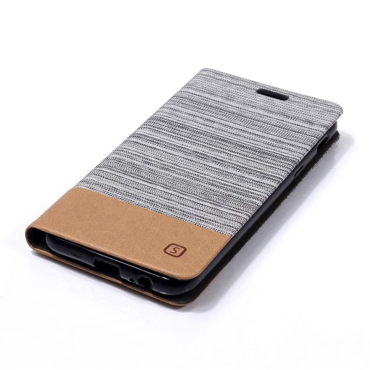 Bi-color Canvas Leather Card Holder Stand Case for Samsung Galaxy A6 (2018) - Light Grey
