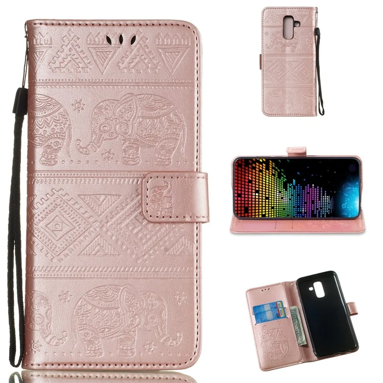 Imprint Elephant Leather Wallet Case for Samsung Galaxy A6+ (2018) / A9 Star Lite - Rose Gold