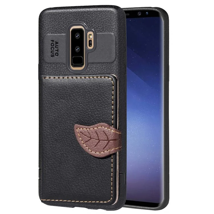 Leaf Shape Magnetic Flap Leather Back Wallet Casing with Kickstand for Samsung Galaxy S9 Plus SM-G965 - Black