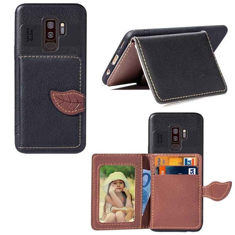 Leaf Shape Magnetic Flap Leather Back Wallet Casing with Kickstand for Samsung Galaxy S9 Plus SM-G965 - Black
